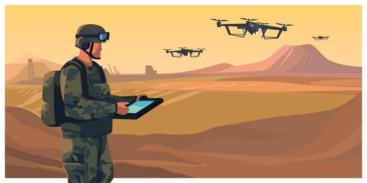 Vetor soldado operando quadrocopter drone voador ao pôr do sol militar do exército de tecnologia moderna com tablet controla um veículo aéreo não tripulado ilustração em vetor plana