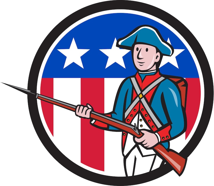 Vetor soldado revolucionário americano caricatura do círculo da bandeira dos estados unidos