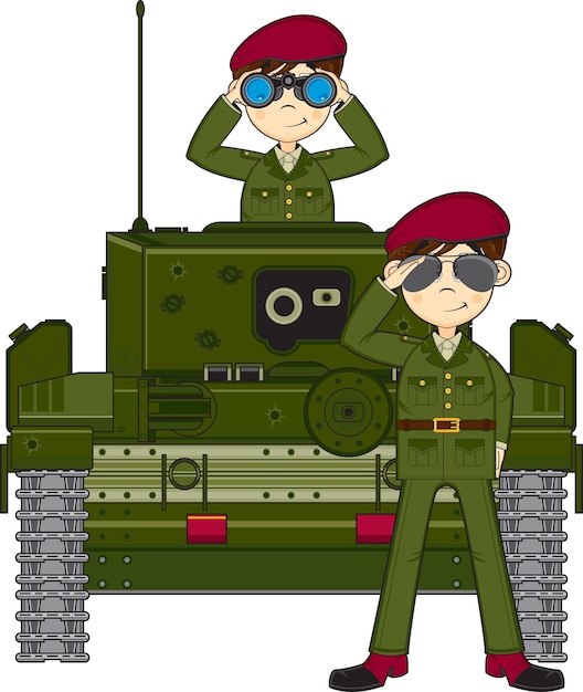 Vetor soldados do exército de desenho animado fofo e ilustração de história militar de tanque blindado