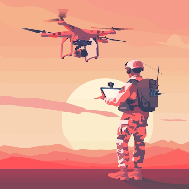 Vetor soldier_operating_of_flying_drone_at_sunset