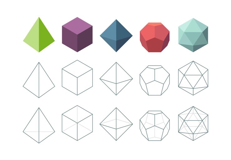 Vetor sólido platônico. o objeto 3d geométrico dá forma à coleção de vetores. forma de pirâmide poligonal, figuras geométricas platônicas e poliedro
