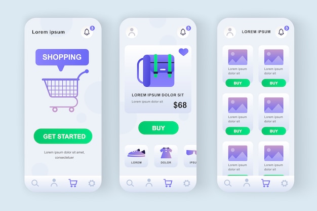 Solução de compras on-line kit neomórfico exclusivo. aplicativo de compras com foto, descrição e preço do produto. ui de plataforma de mercado de internet, conjunto de modelo de ux. gui para aplicativos móveis responsivos.