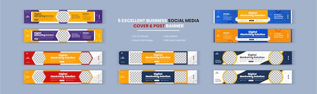 Vetor solução de marketing digital e banner de negócios corporativos da agência conjunto de design de capa do linkedin.