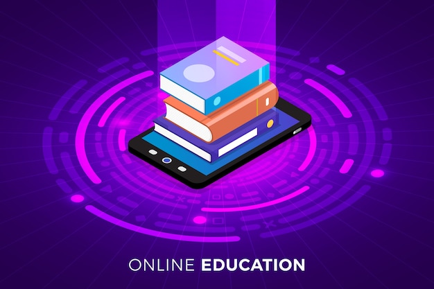 Solução de tecnologia de conceito de design de ilustrações isométricas no topo com e-learning
