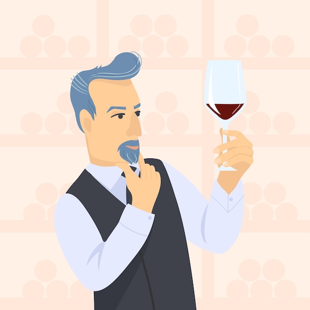 Sommelier masculino na suíte olhando vinho tinto na taça. ilustração em vetor plana dos desenhos animados