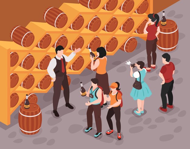Sommelier mostrando diferentes tipos de vinho para clientes em ilustração isométrica de adega