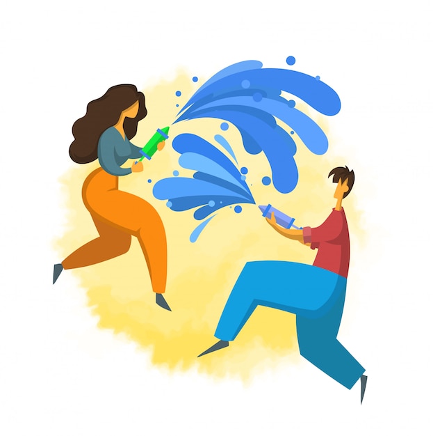 Songkran, festival de ano novo tailandês. Homem e mulher jogando água um no outro. ilustração em grande estilo. sobre fundo branco.