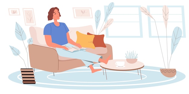 Sonhando com o conceito de pessoas em design plano. mulher feliz está sentada, sonhando e gosta de descansar, lendo um livro em casa. jovem se senta na aconchegante sala de estar. cena de pessoas de imaginação. ilustração vetorial