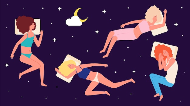 Sono da menina. mulher bonita de pijama e um doce sonho. desenhos animados sonhando com almofadas personagens femininas na ilustração vetorial de céu estrelado. personagem de roupa de dormir, hora de dormir e roupa de dormir