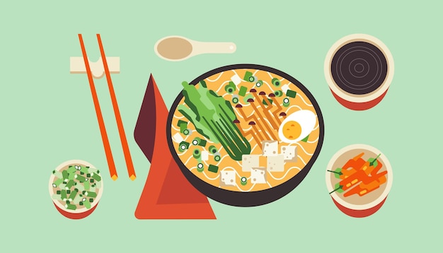 Sopa asiática de macarrão ramen com ovo Tigela com comida tailandesa picante e pratos japoneses com pauzinhos