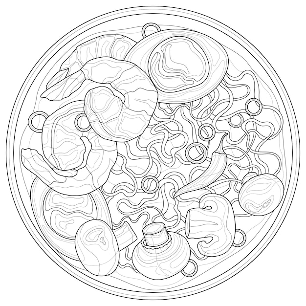 Vetor sopa com macarrão, camarão, cogumelos e ovo. livro para colorir anti-stress para crianças e adultos. ilustração isolada no fundo branco. estilo zen-emaranhado. desenho preto e branco