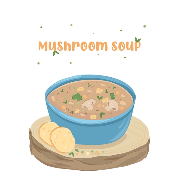 Vetor sopa de cogumelos em uma tigela azul sopa com legumes frescos ilustração para sites de anúncios de menus