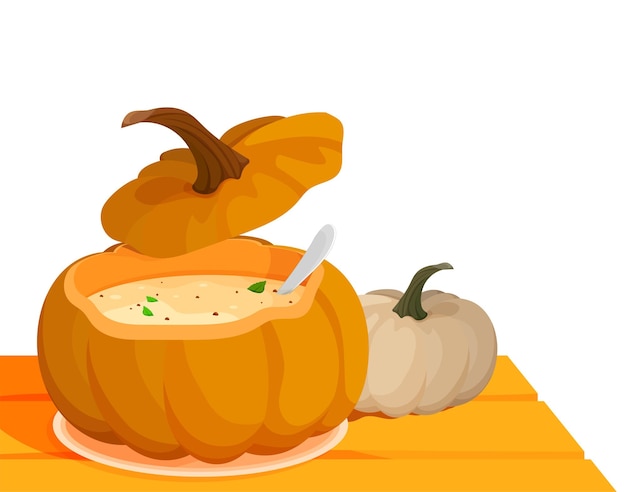 Sopa de creme de abóbora em abóbora aberta na mesa prato sazonal tradicional do festival da colheita colheita de outono outono halloween plantas comestíveis vetor de desenho animado em fundo branco