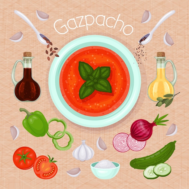 Sopa de gaspacho e ingredientes para ele em fundo de tela ilustração vetorial de comida imagem de receita estilo de desenho animado