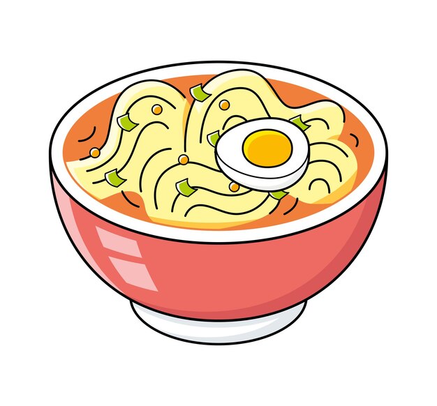 Sopa de macarrão instantâneo picante ou ramen com meia tigela de ovo