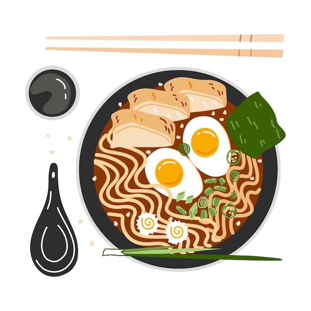 Sopa de Macarrão Ramen com frango Asianfood Vista superior Ilustração desenhada à mão Fundo branco isolado