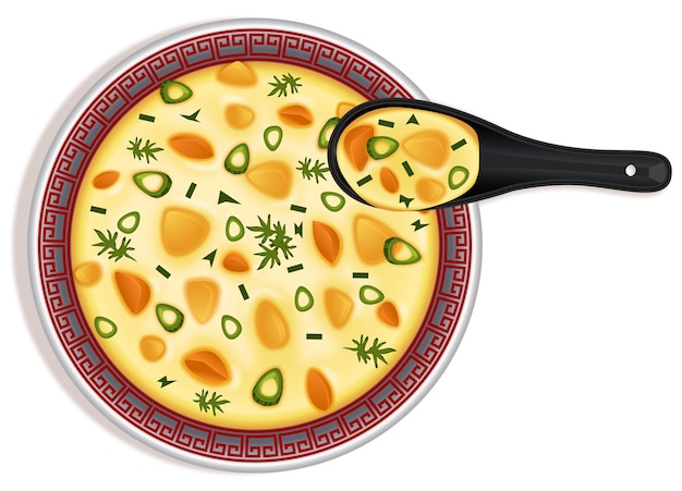 Vetor sopa de milho doce com colher de sopa ilustração de visualização superior