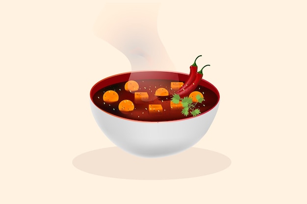 Vetor sopa de pimentão quente e picante com batata em tigelas