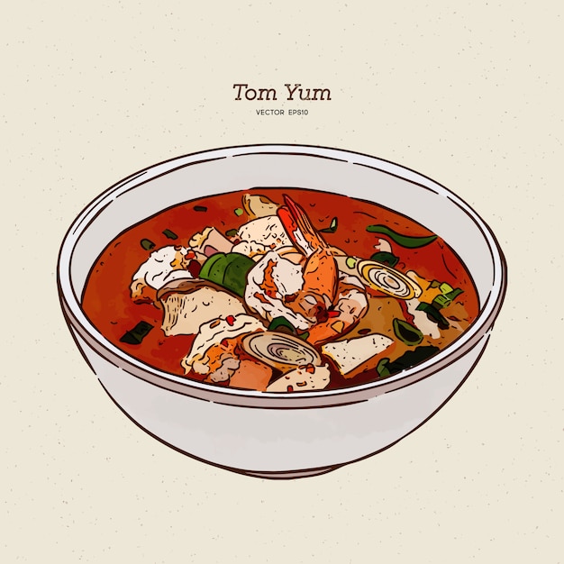 Sopa de Tom Yum, comida tailandesa. esboço de desenhar mão.