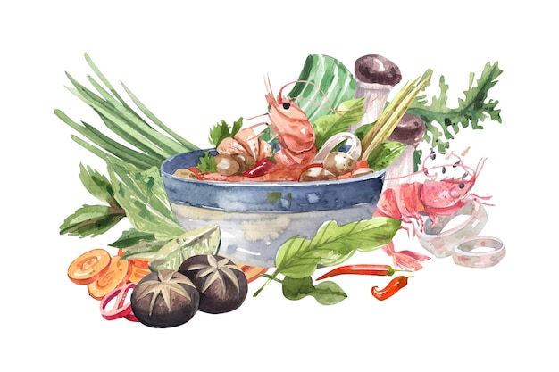 Sopa tailandesa tradicional tom yum e ingredientes para sua ilustração em aquarela de preparação