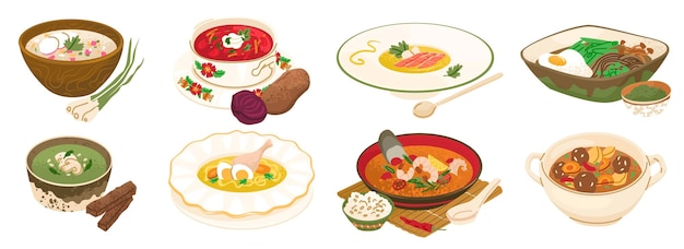 Vetor sopa tradicional russa de beterraba borscht um prato lindamente apresentado com tomate de creme azedo e pão de centeio ilustração vetorial isolada em fundo transparente