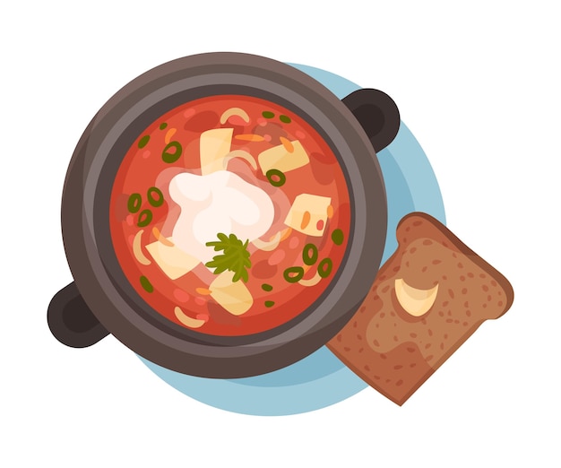 Sopa vermelha derramada e servida em tigela Ilustração vetorial de vista superior Conceito tradicional de nutrição líquida