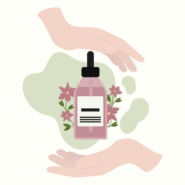 Soro com flores nas mãos Frasco de soro cosmético Ilustração isolada de cosmético