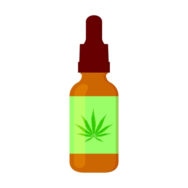 Soro de óleo CBD em garrafa com folha de cannabis no rótulo. Produto cosmético de cânhamo para pele e cabelo