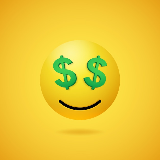 Sorridente emoticon rico com olhos de cifrão e boca em fundo gradiente amarelo. ícone de emoji dos desenhos animados amarelos engraçados do vetor. ilustração 3d para bate-papo ou mensagem.