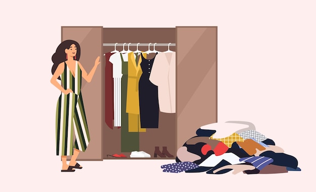 Sorridente garota de cabelos compridos em frente ao armário aberto com roupas penduradas dentro e pilha de roupas no chão. Conceito de guarda-roupa cápsula minimalista. Ilustração em vetor de desenho animado em estilo simples