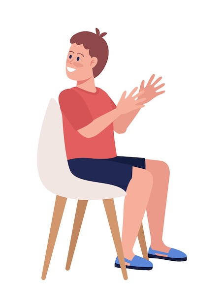 Sorrindo e aplaudindo menino personagem de vetor de cor semi plana figura sentada pessoa de corpo inteiro em branco celebração festiva ilustração de estilo de desenho animado simples para web design gráfico e animação