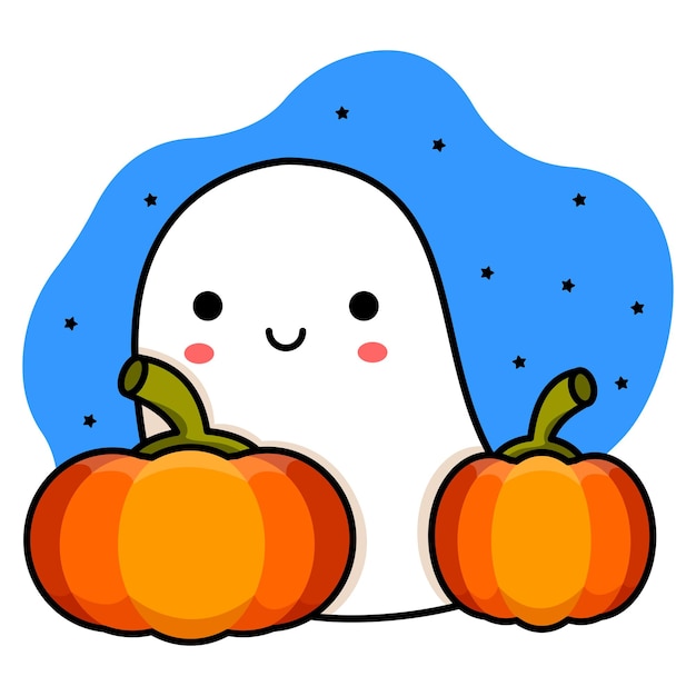 Sorrindo fantasma e abóboras céu e estrelas desenho de halloween ilustração vetorial