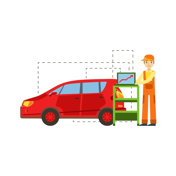 Vetor sorrindo mecânico executando diagnósticos de computador na oficina de reparação de carros de garagem ilustração de serviço