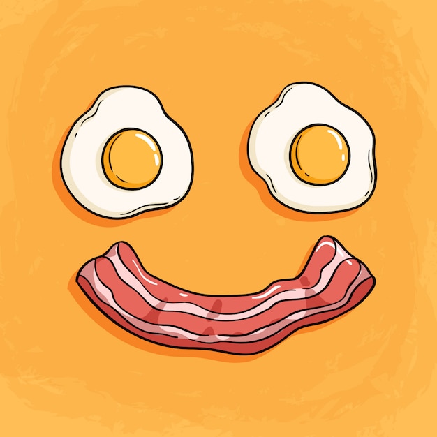 Vetor sorriso bacon e ovo ilustração no café da manhã em fundo laranja