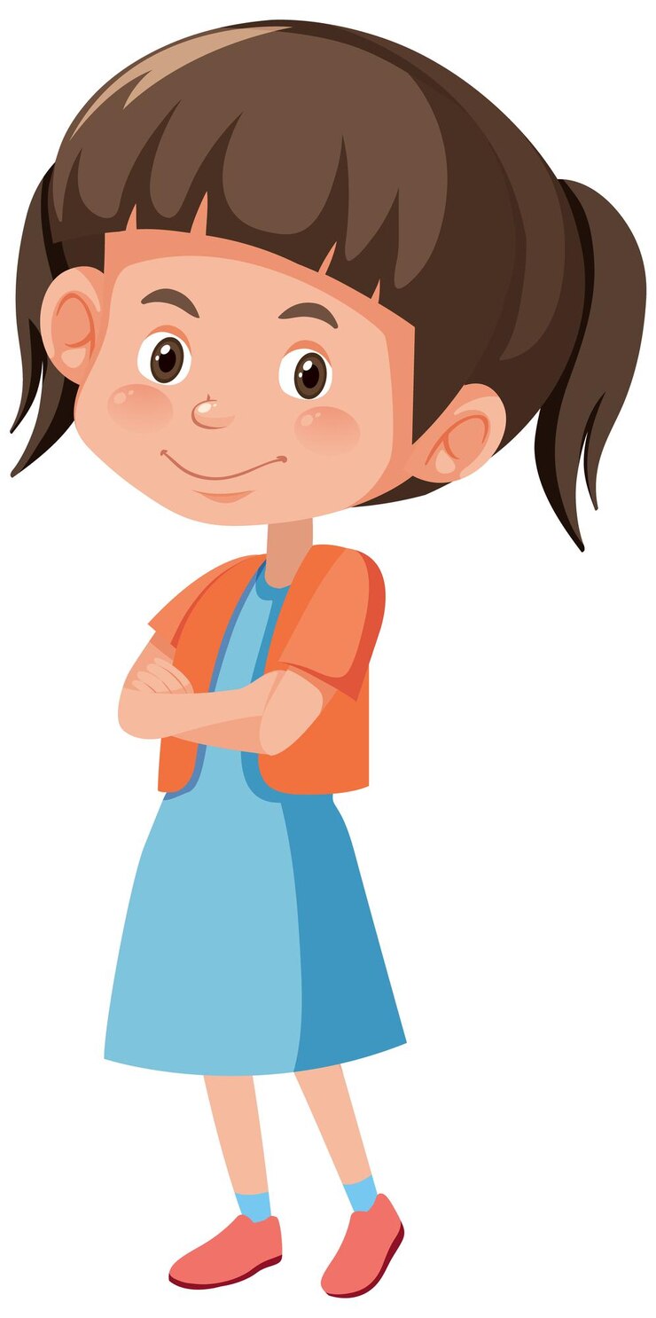 Vetor sorriso bonito de garota em pose de personagem de desenho animado isolado no fundo branco