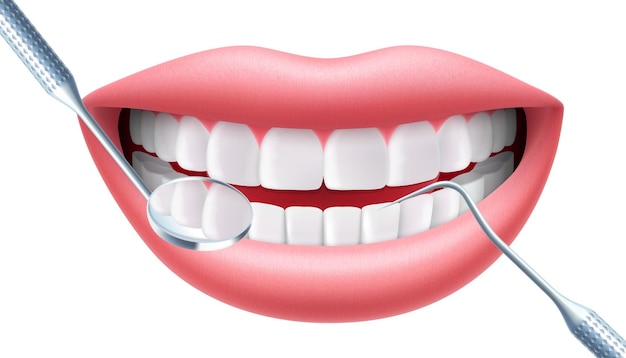 Sorriso com dentes e escaladores periodontais sonda dentária e espelho dentário para dentes isolados