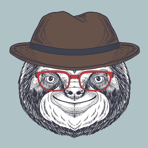 Sorriso de preguiça desenhado à mão usando óculos vermelhos e chapéu