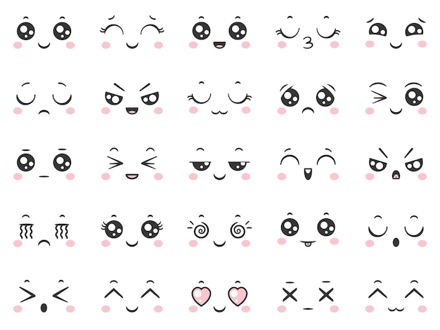 Vetor sorriso de quadrinhos bonito dos desenhos animados doodle emoticons de caractere com expressões faciais.