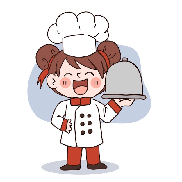 Sorriso feliz garotinha chefkid cozinhar conceitodoodle ilustração vetorial desenhada à mão