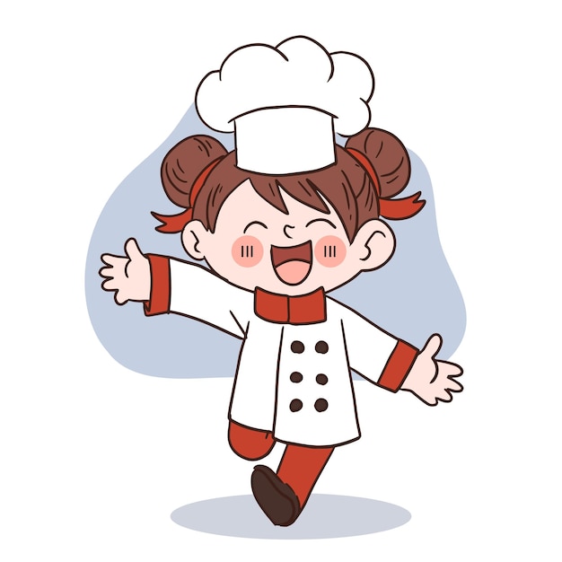 Sorriso feliz garotinha chefkid cozinhar conceitodoodle ilustração vetorial desenhada à mão