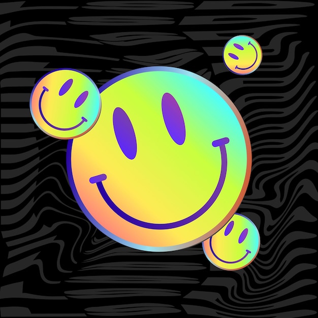 Sorriso Lsd Smiley Face Ácido Adesivo Estilo Gradiente Sorriso Adesivo Ilustração Vetorial Estilo Urbano Sobre Fundo Preto Ilustração Vetorial