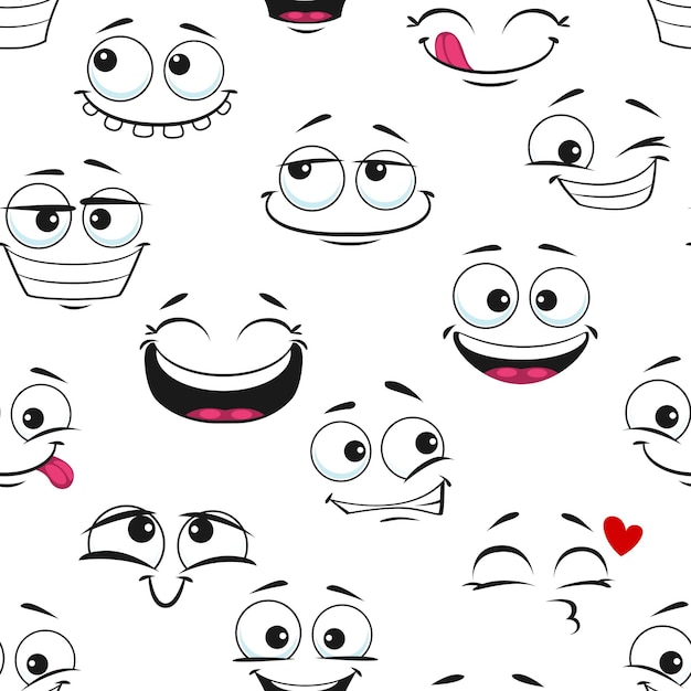 rostos de desenhos animados. boca e olhos expressivos, sorriso, choro e  expressões faciais de personagens surpresos. emoções em quadrinhos da  caricatura ou doodle emoticon. conjunto de ícones de ilustração vetorial  isolado 3498645