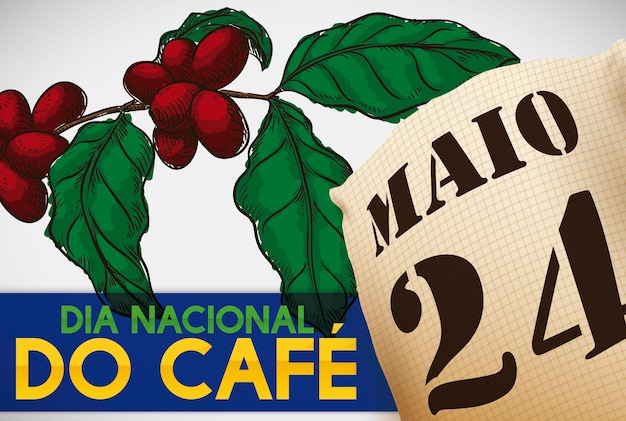 Vetor sorteio de cafeeiro e saco promovendo o dia nacional do café com textos em português
