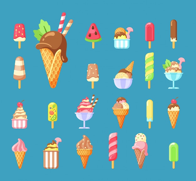 Sorvete, conjunto de ilustrações de desenhos animados de sobremesa de verão