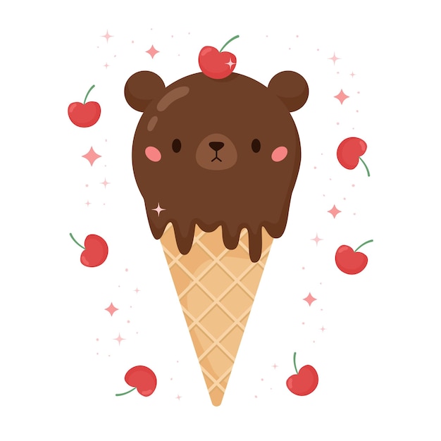 Sorvete de urso kawaii com cereja no cone de waffle