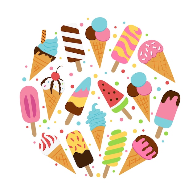 Sorvete em casquinha de waffle e esquimó Ilustração vetorial no estilo doodle e cartoon