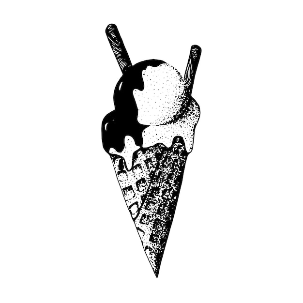 Sorvete vetorial com chocolate no cone de bolacha ilustração desenhada à mão em preto e branco do deserto