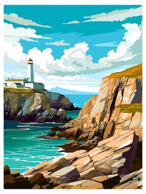 Vetor south stack cliffs anglesey cartaz de viagem vintage lembrança cartão postal retrato pintura ilustração