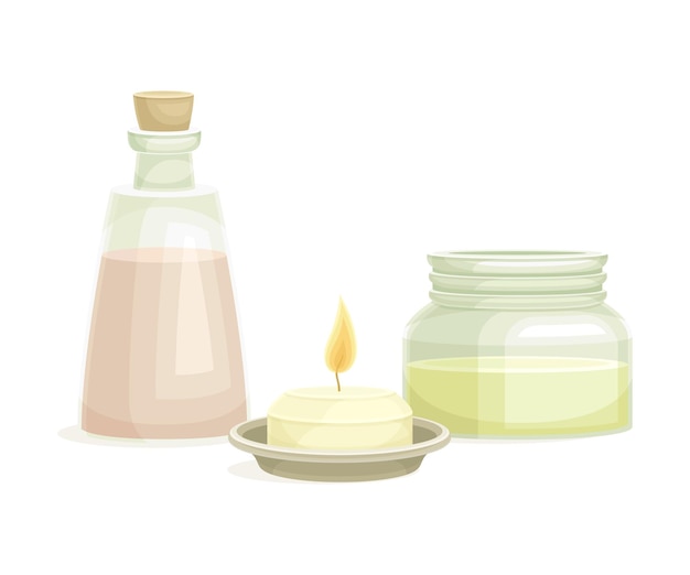 Spa e aromaterapia com vela ardente e composição vetorial de óleos essenciais