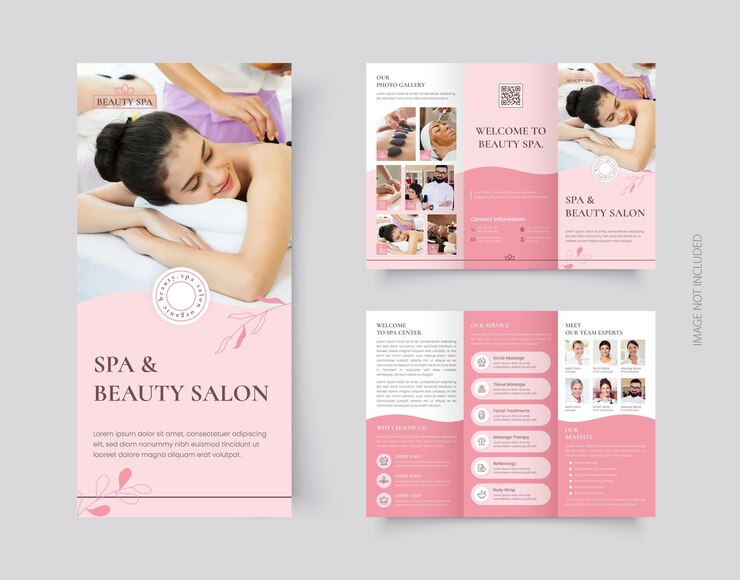 Vetor spa e salão de beleza trifold brochure design layout modelo editável